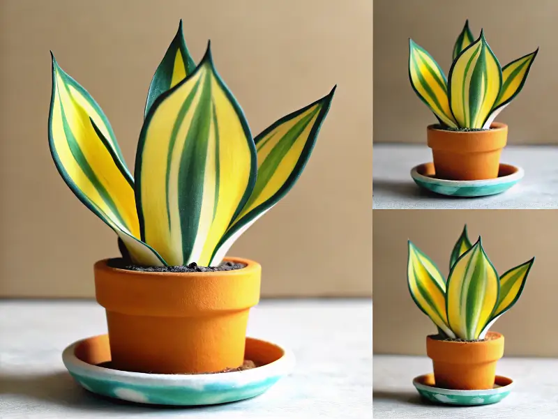 Variegated snake plant with bold yellow and green leaves in a terracotta pot.