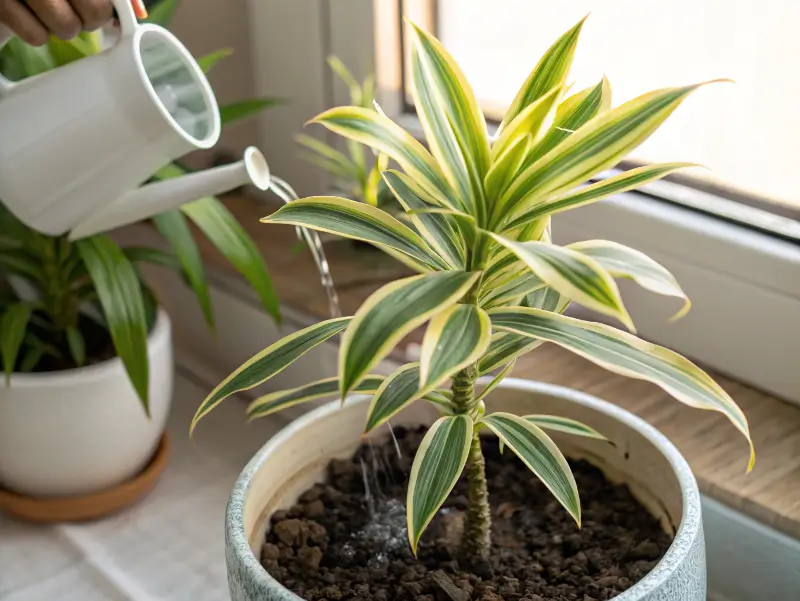 Song of India plant being watered indoors, focusing on its variegated leaves