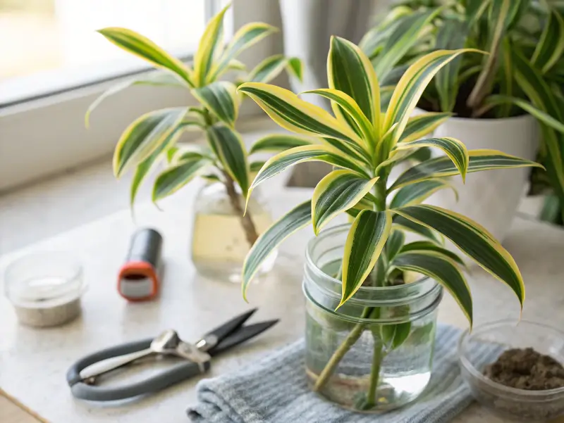 Song of India plant cuttings in water with pruning tools nearby