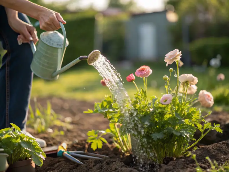 Gardener carefully watering pink butterfly ranunculus flowers in a sunny garden bed