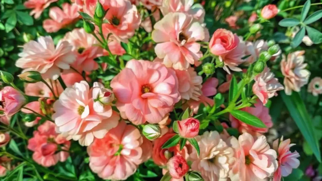 A cluster of pastel pink butterfly ranunculus blossoms thriving in a sunlit garden