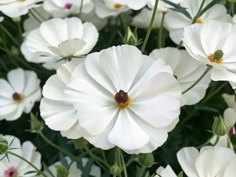 White butterfly ranunculus blossoms in a spring garden