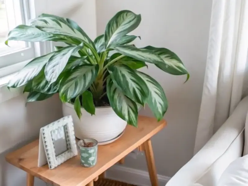 Green leaves of an aglaonema plant in a white pot on a wooden side table.
