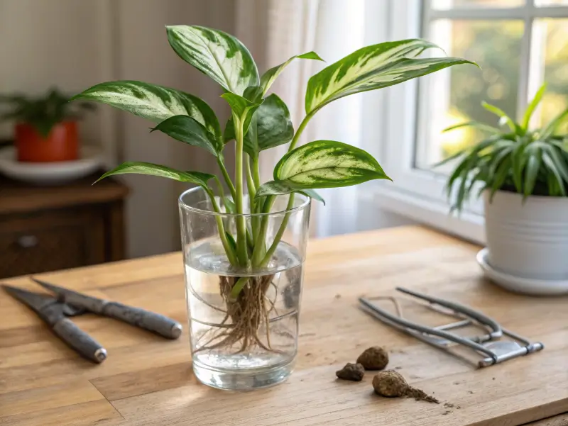 A healthy aglaonema cutting in water, showing newly formed roots on a wood table.