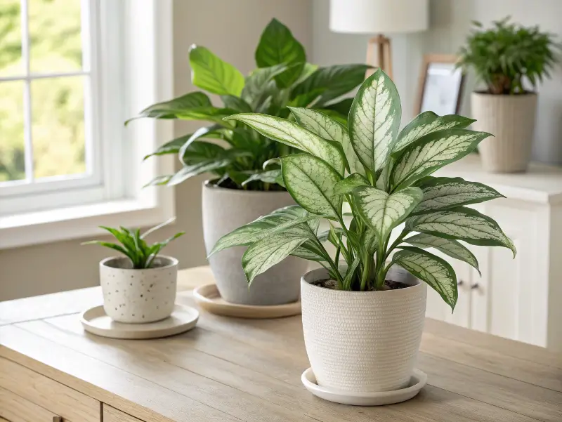 Aglaonema Silver Bay plant showcasing silver-variegated leaves, placed alongside other foliage on a wooden tabletop in a bright, modern interior.