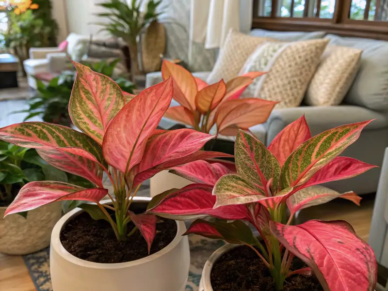 Rosy-toned Aglaonema variety in a bright living room, related to Aglaonema Silver Bay.