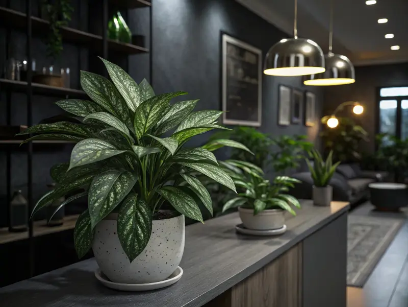 A variegated houseplant with silver-flecked leaves in a modern, softly lit interior.