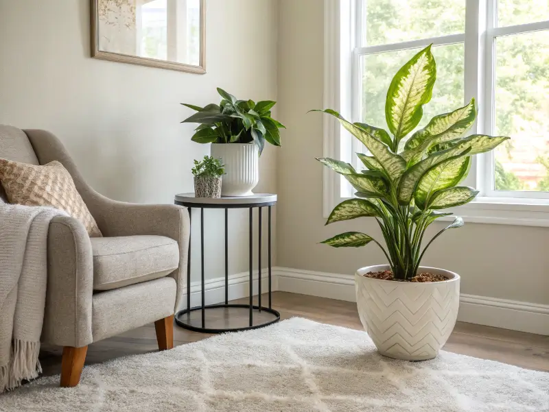 Lush aglaonema plant in a neutral, sunlit living room.