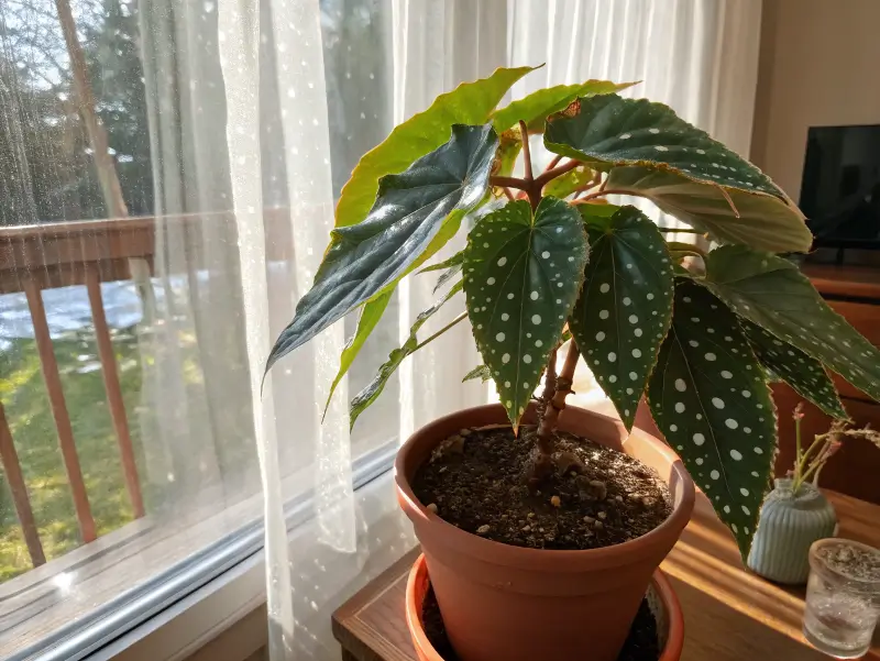 A healthy angel wing begonia with polka-dotted leaves thriving in a terracotta pot near a sunlit window.