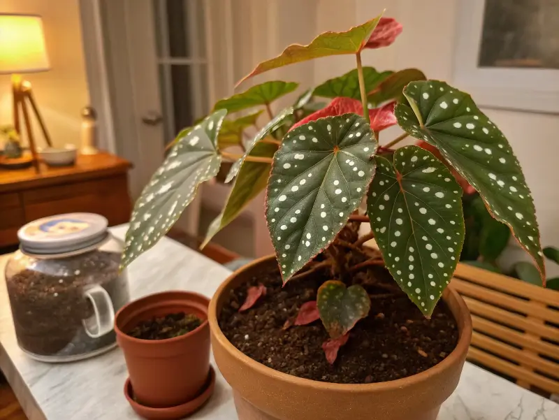 A healthy angel wing begonia in a terracotta pot with polka-dotted green leaves and subtle red undersides.