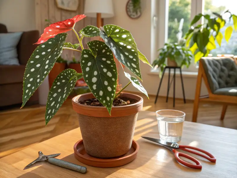 A vibrant angel wing begonia in a terracotta pot, displaying polka-dotted leaves and red undersides, with pruning shears and a glass of water nearby.