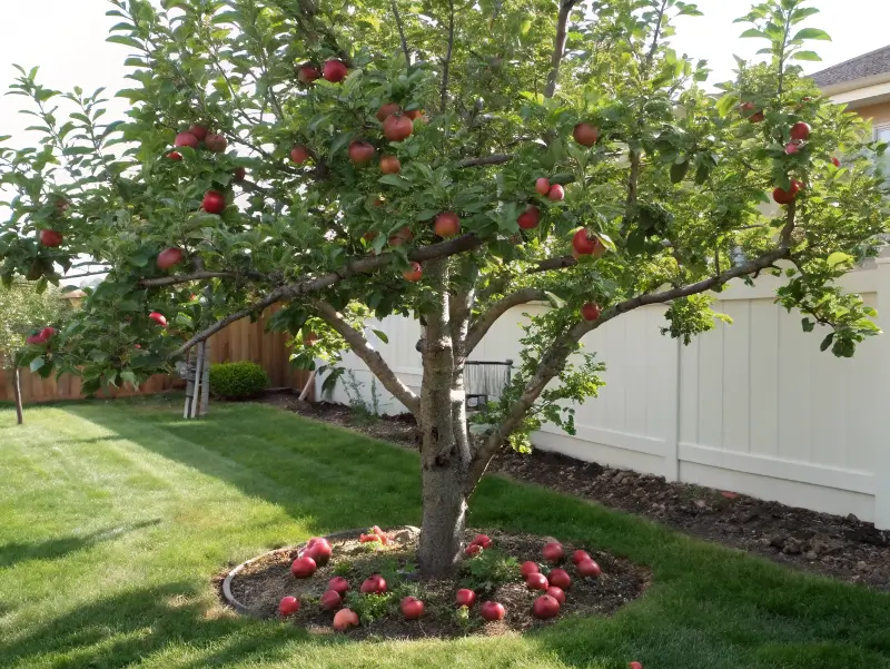 Anna apple tree in a suburban backyard, filled with bright red apples.