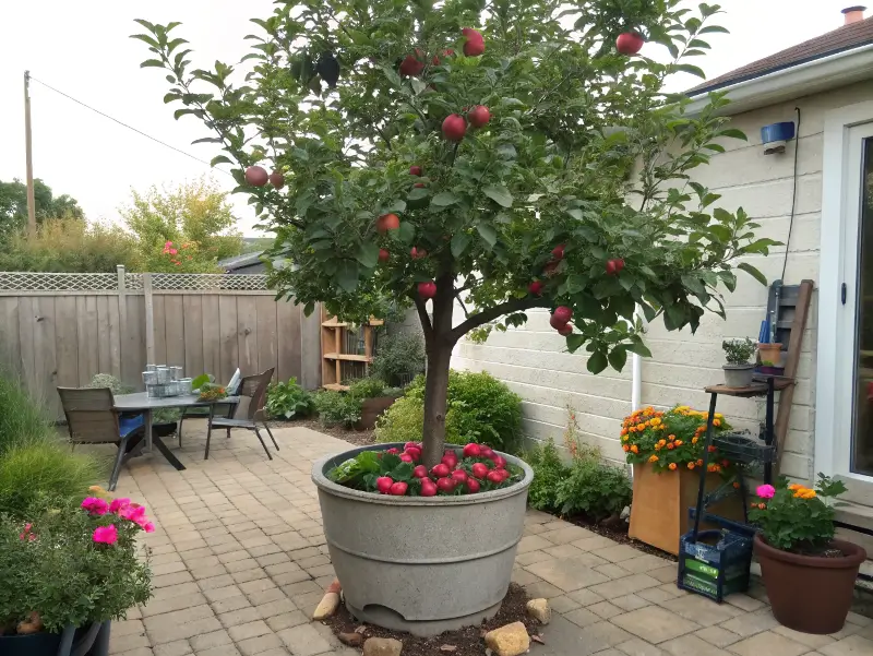 Dwarf Anna Apple Tree in a large container on a cozy patio, laden with red apples.