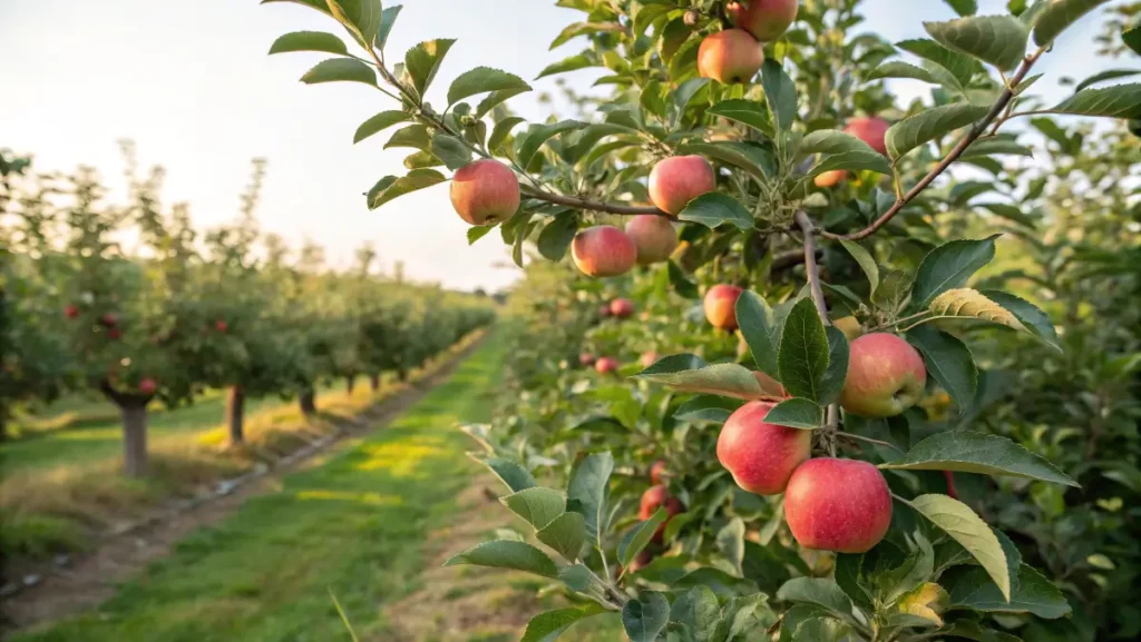 Rows of anna apple tree branches bearing red-blushed apples in a bright orchard.