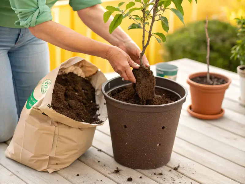 A gardener placing a small sapling into a pot, filling it with fresh soil.