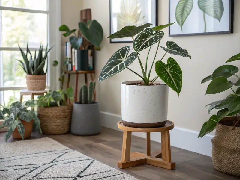 Thriving anthurium clarinervium in a white pot, arranged on a wooden stool among other houseplants in a bright, cozy room