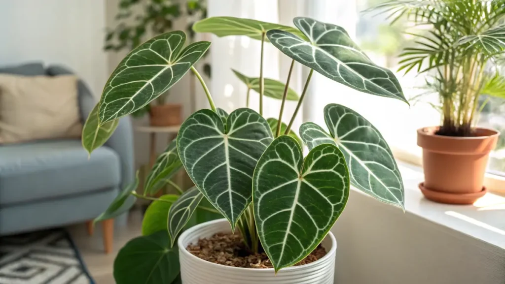 Bright anthurium clarinervium with heart-shaped leaves and bold white veins in a cozy indoor setting