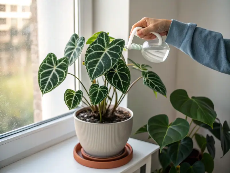 Hand watering an anthurium clarinervium near a bright window for vibrant growth