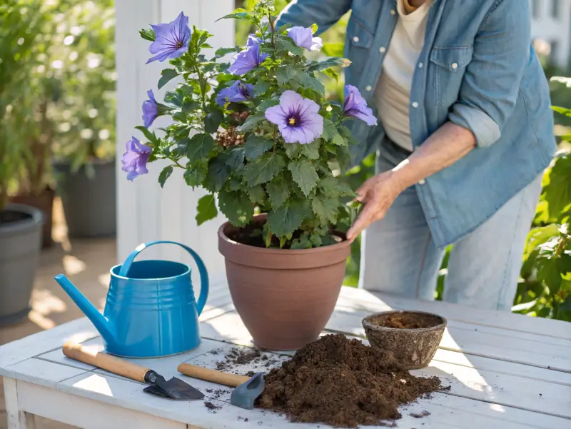 Gardener repotting a blue hibiscus plant with visible roots and fresh potting mix in a sunny outdoor workspace