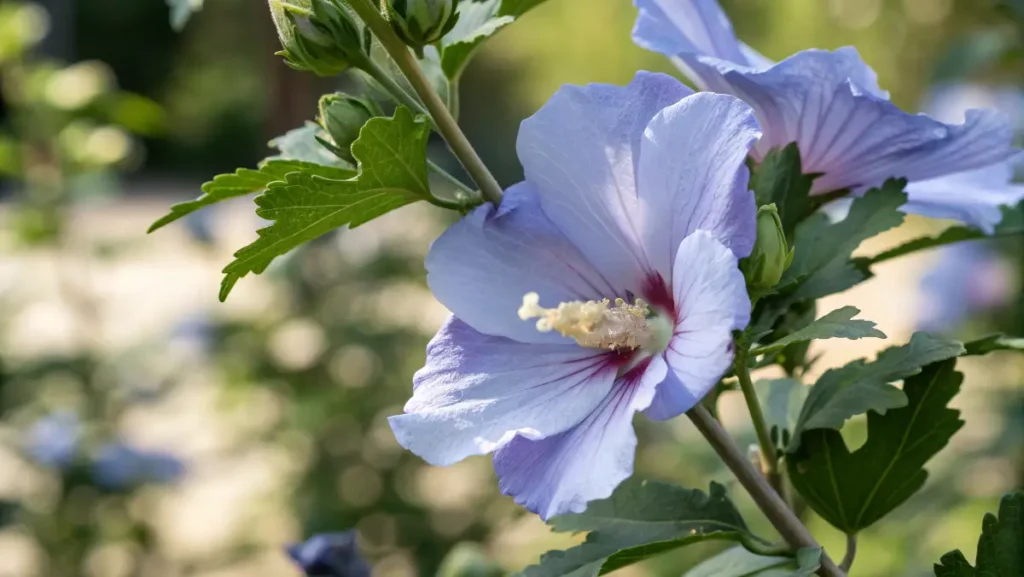 Close-up of a Blue Hibiscus plant in full bloom with lavender-blue petals and green foliage