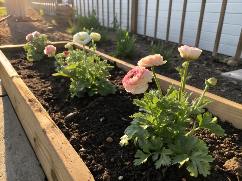 Pink and white butterfly ranunculus flowers blooming in a wooden raised bed in sunlight