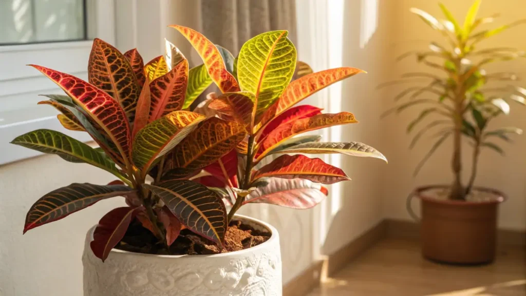 A bright croton mammy plant with red, yellow, and green variegated leaves in a white pot.