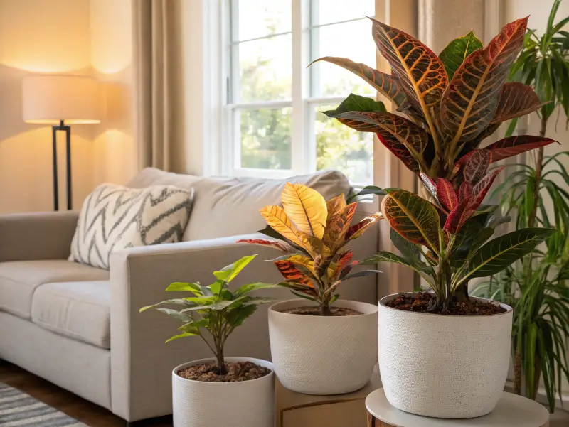 Croton Mammy and other croton varieties in a cozy living room with bright foliage.