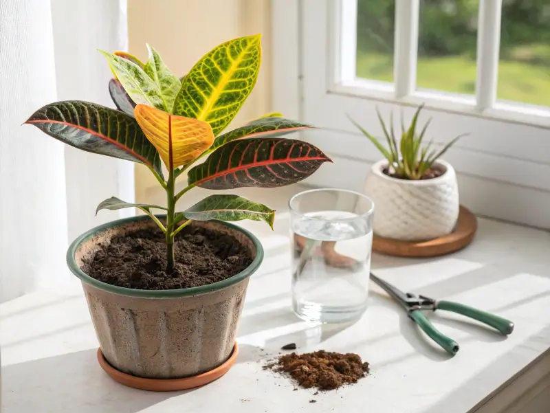 Croton Mammy plant in a pot by a bright window with water and pruning tools nearby.