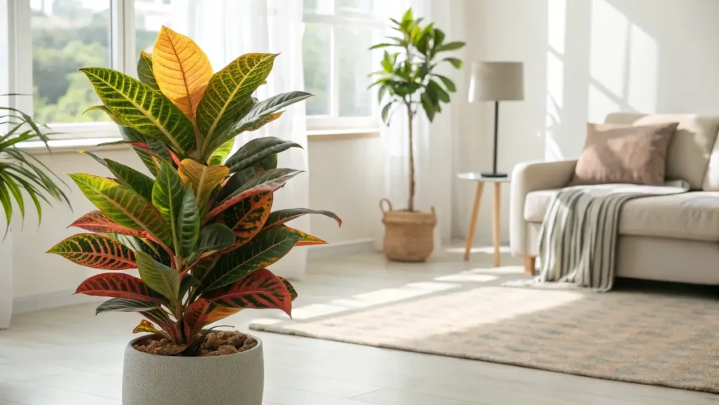 Croton Petra with vibrant foliage at the center of a bright, modern living room