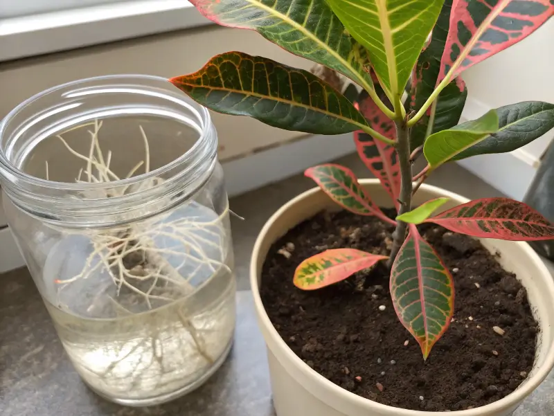Croton Petra stem cutting rooting in a jar of water alongside a newly planted cutting in soil