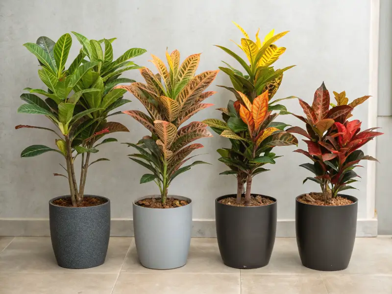 Four croton varieties including Croton Petra in modern pots with colorful foliage