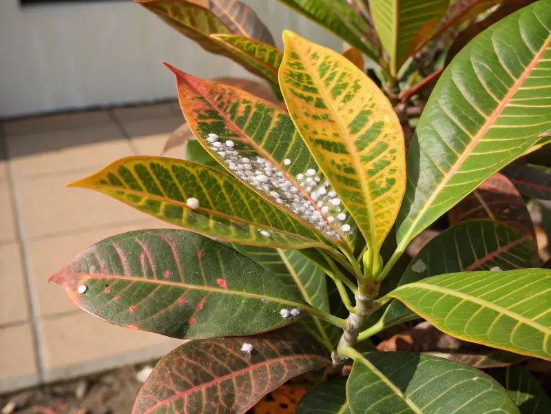 Variegated ornamental leaves with clusters of white mealybugs along the midrib
