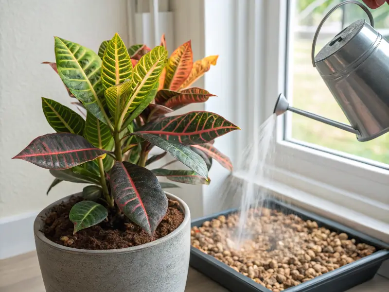 Colorful croton plant near a watering can and pebble tray, demonstrating croton plant care essentials.