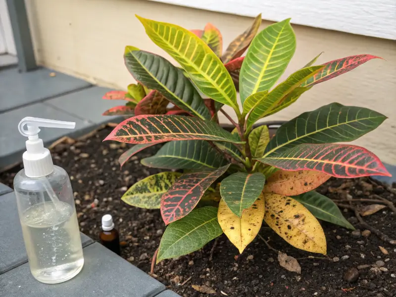 Colorful croton plant with a spray bottle, illustrating croton plant care against common pests