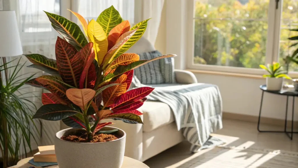 Vibrant croton plant as the centerpiece in a cozy living room, reflecting croton plant care for bold, colorful foliage.