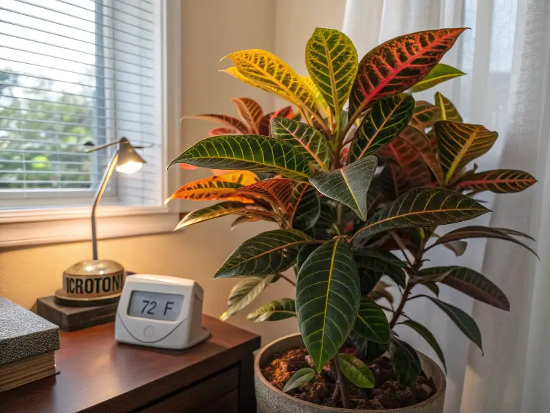 A colorful croton thriving at 72°F, showcasing croton plant care in a warm, stable indoor space.