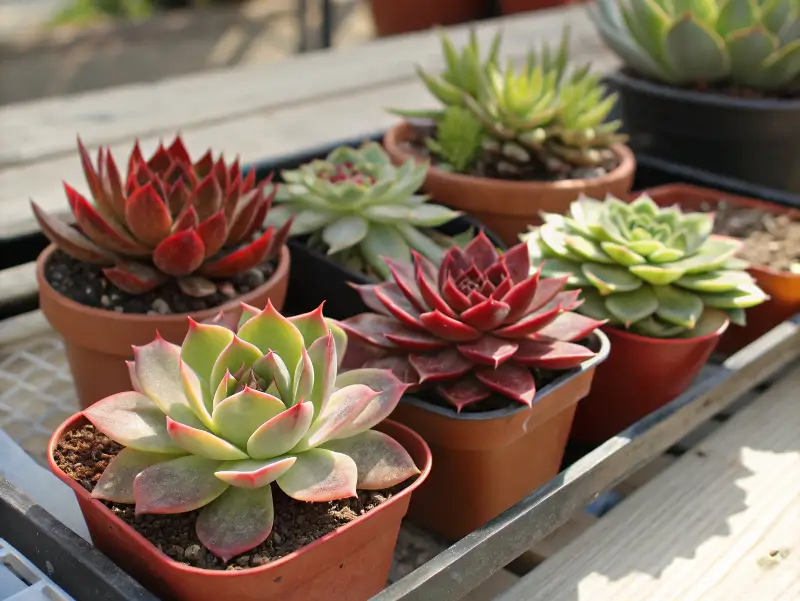 Multiple echeveria agavoides cultivars in terracotta pots, each displaying unique rosette colors and red-tinted edges.