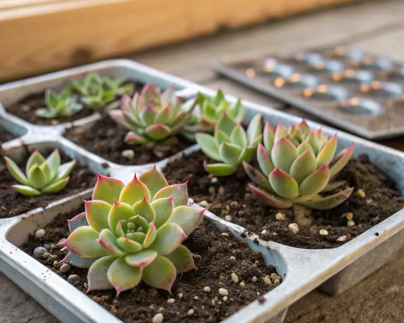 A shallow tray filled with multiple Echeveria agavoides cuttings and rosettes growing in well-draining soil.