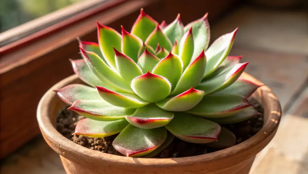 A bright echeveria agavoides succulent with red-tipped leaves in a terracotta pot, basking in warm indoor light.
