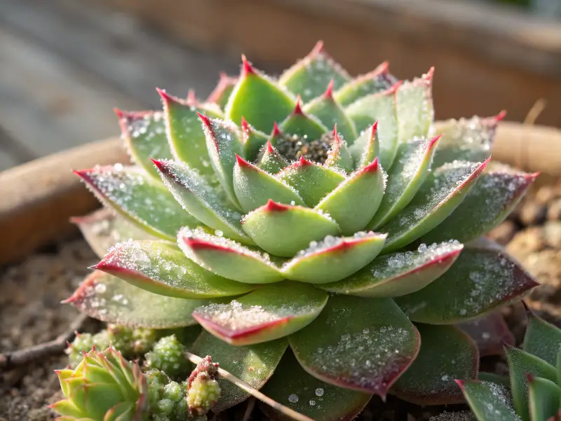 A medium-close shot of an echeveria agavoides rosette with red-tipped leaves and light morning dew.