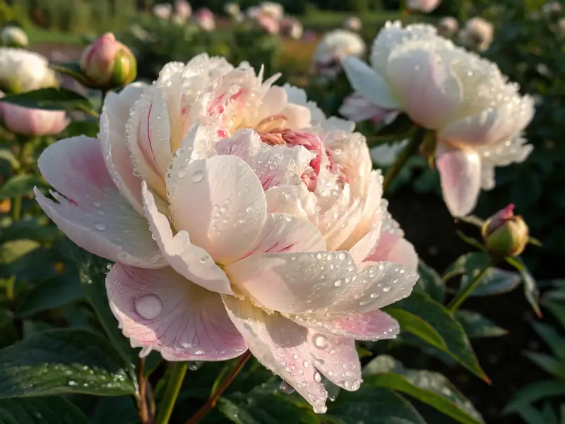 Festival Maxima pink peonies surrounded by morning dew in a sunlit garden