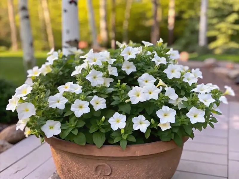 firefly petunia plant with white blooms in a terracotta pot