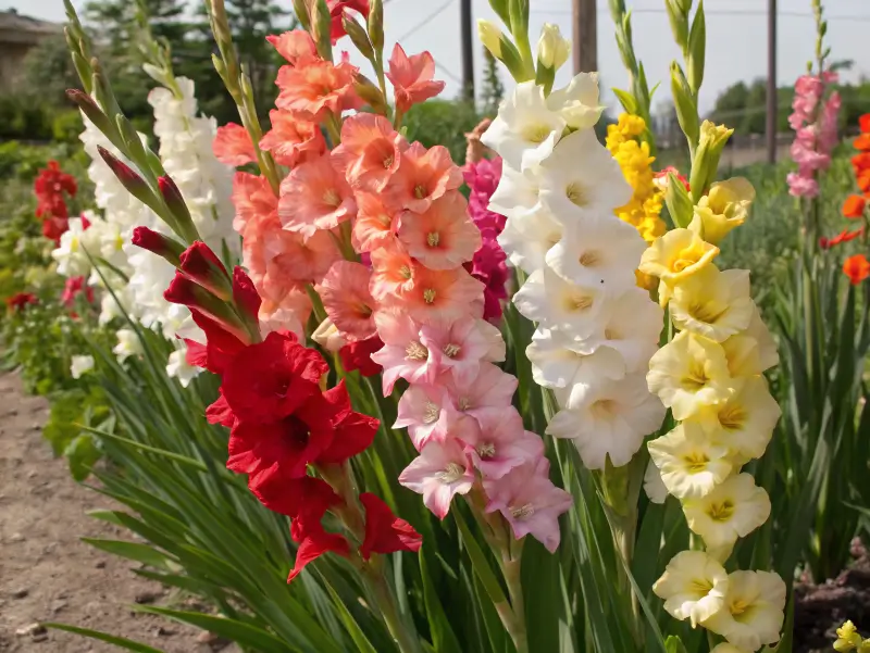 Blooming red, pink, white, yellow, and orange gladioli illustrating the gladiolus flower meaning in a vibrant garden setting