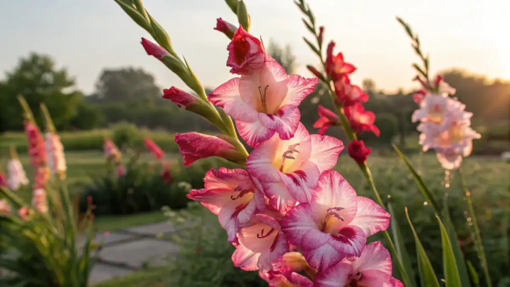 Pink and red gladiolus blooms reflecting the gladiolus flower meaning in a sunny garden setting