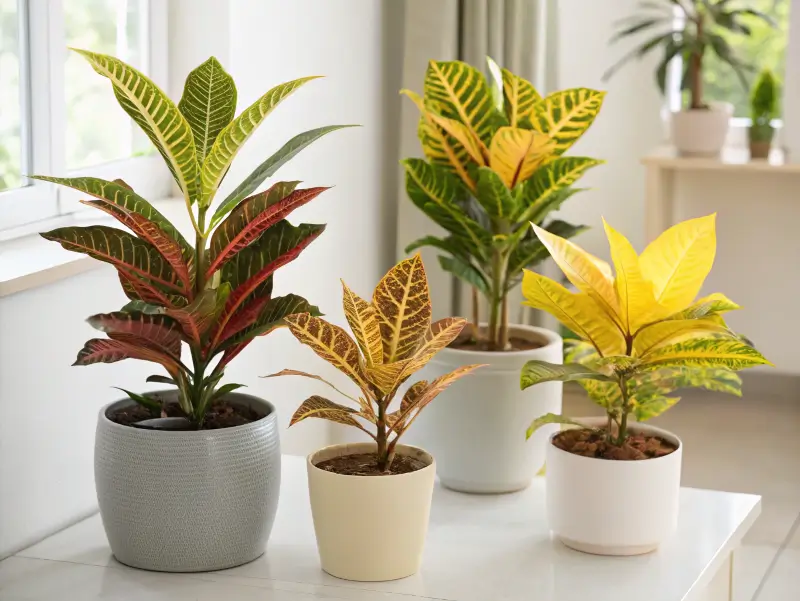 Four potted croton varieties, including gold dust croton, displayed in a sunny indoor setting.