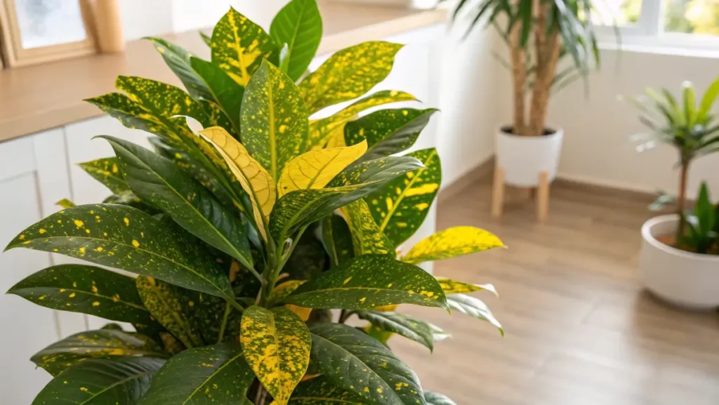 Gold dust croton with vibrant green leaves speckled in bright yellow, displayed in a modern indoor space.