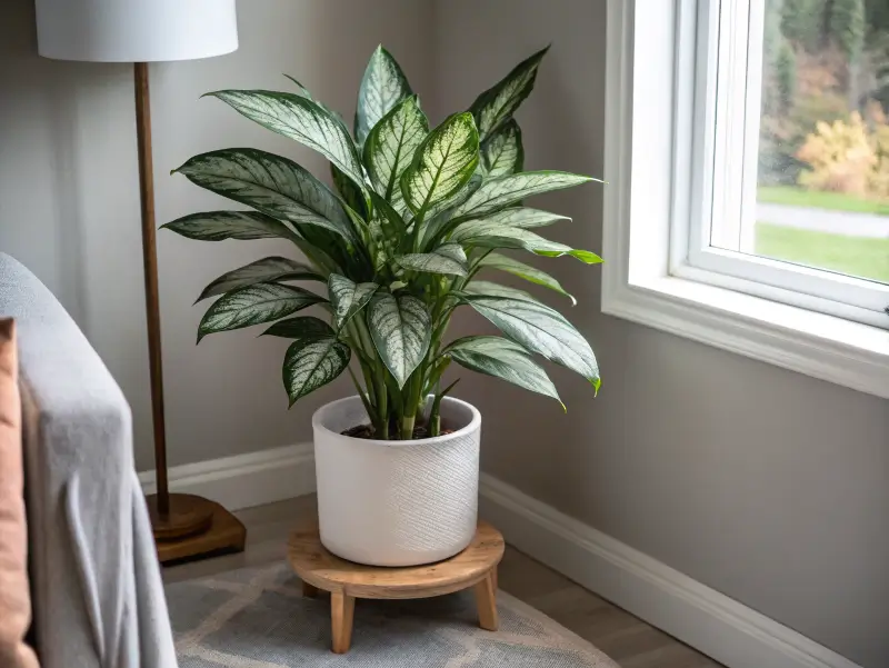 How do you care for Aglaonema indoors with robust green and silver leaves in a white pot by a window