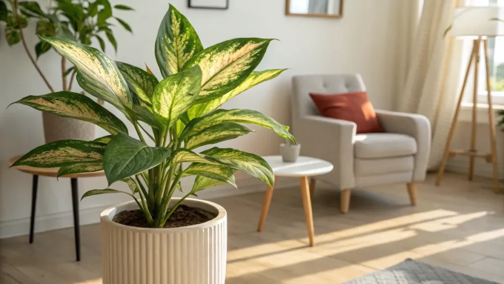 How do you care for Aglaonema indoors in a cozy living room with lush, variegated foliage