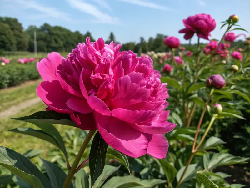 Karl Rosenfield pink peonies showcasing bold magenta blooms in a sunlit field