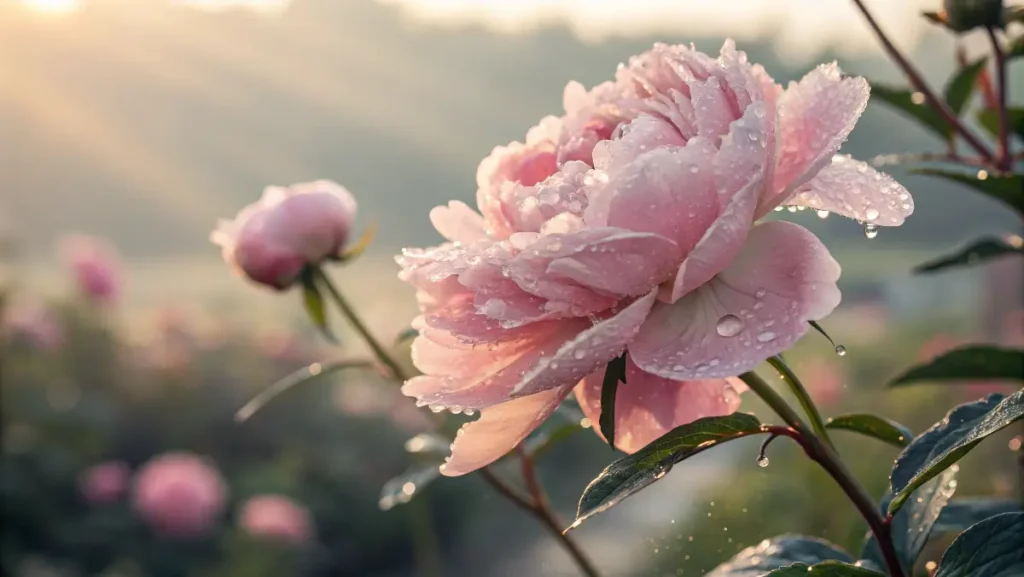 Pink peonies glistening with morning dew under a soft sunrise